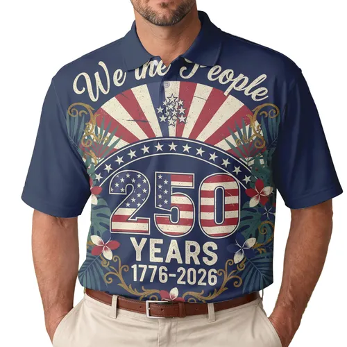 America 250th Commemoration: We The People 1776-2026 Distressed Flag Sunburst Palm Men's Polo Shirt (Lightweight)