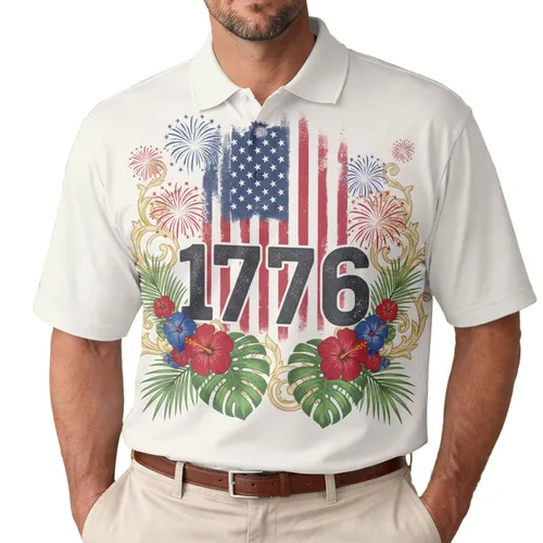 America 250th Anniversary 1776 Flag Panels Polo Tropical Laurel Patriotic Commemoration Men's Polo Shirt (Lightweight)