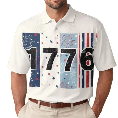 America 250th 1776 Patriotic Tropical Distressed Numbers Flag & Fireworks Design Men's Polo Shirt (Lightweight)