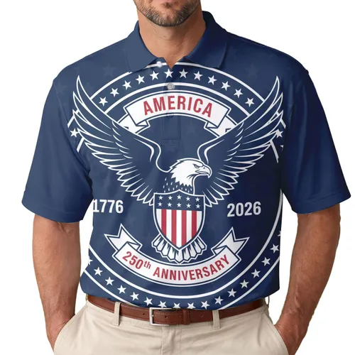 America 250th Anniversary Eagle Flag Emblem 1776 2026 Patriotic Tropical Men's Polo Shirt (Lightweight)