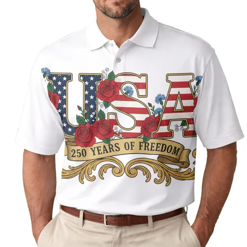 USA 250th Birthday Stars Stripes Letters Tropical Roses Gold Freedom Scroll Men's Polo Shirt (Lightweight)
