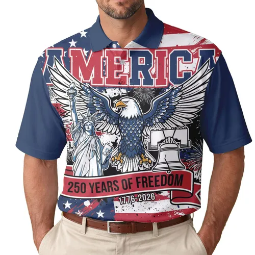 America 250th Anniversary Patriotic Eagle Liberty Bell Grunge Flag 1776 Fireworks Men's Polo Shirt (Lightweight)