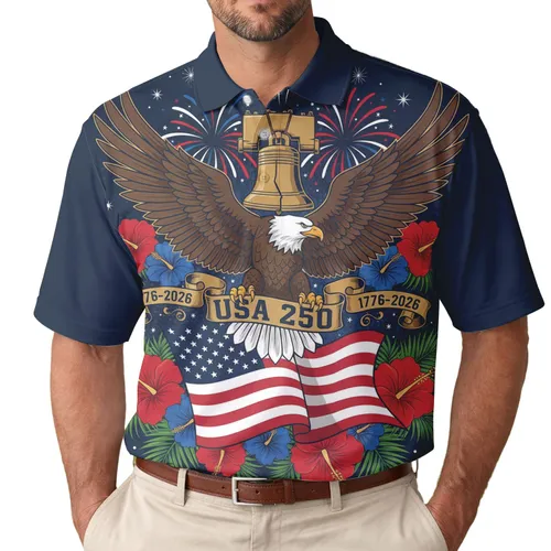 Patriotic Polo Eagle Flag USA 250th Anniversary Liberty Bell Tropical Celebration Men's Polo Shirt (Lightweight)
