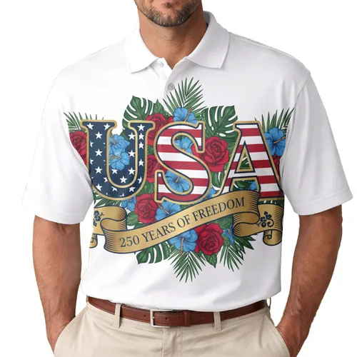 America 250th Anniversary USA Stars Stripes Floral Freedom Banner Graphic Men's Polo Shirt (Lightweight)