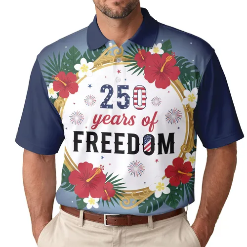 USA 250th Birthday Freedom Emblem: Tropical Hibiscus Palm Stars Men's Polo Shirt (Lightweight)