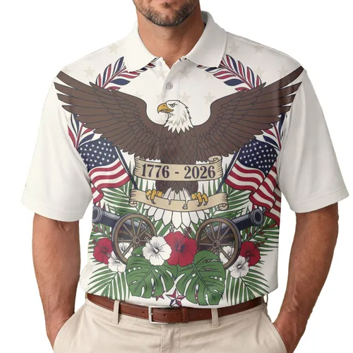 America 250th Bald Eagle Flags Cannons Tropical Hibiscus Wreath 1776 Commemoration Men's Polo Shirt (Lightweight)