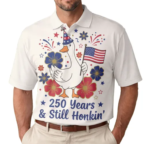 USA 250th Birthday Patriotic Goose Party Hat Flag Tropical Honkin' Design Men's Polo Shirt (Lightweight)