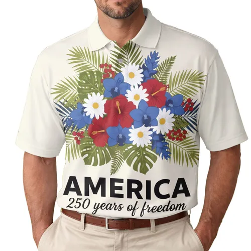 America's 250th: Patriotic Polo Floral, Red Blue White Bouquet, Est. 1776 Freedom Men's Polo Shirt (Lightweight)