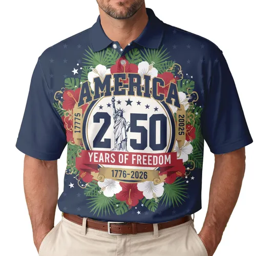 America 250th Liberty Statue Polo Hibiscus Palm Stars Navy Red White Men's Polo Shirt (Lightweight)