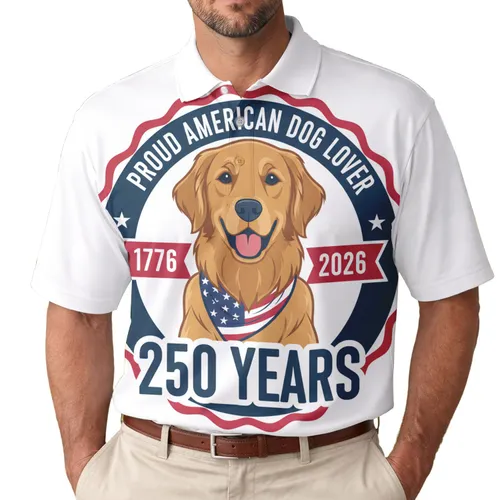 America 250th Birthday: Proud Dog Lover Golden Retriever Stars Stripes 1776-2026 Men's Polo Shirt (Lightweight)