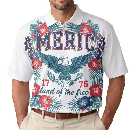 America 250th Anniversary Eagle 1776 Land of the Free Collegiate Tropical Hibiscus Men's Polo Shirt (Lightweight)