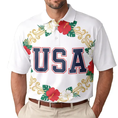 USA 250th Anniversary Patriotic Collegiate | Polo Hibiscus Gold Scrollwork Border Men's Polo Shirt (Lightweight)