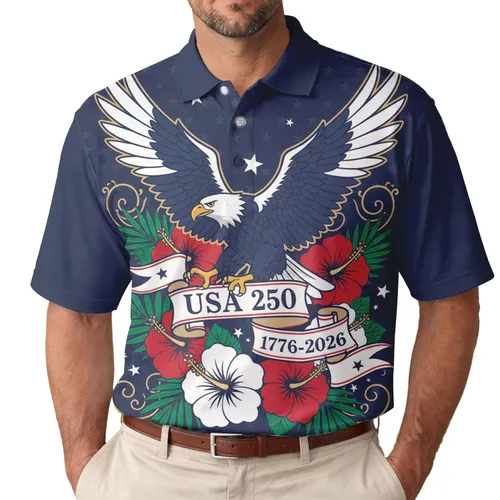 USA 250th Anniversary Bald Eagle Hibiscus Palm Leaf Patriotic Commemorative Men's Polo Shirt (Lightweight)