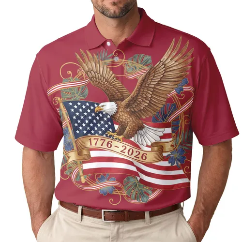 America 250th Anniversary: Soaring Bald Eagle Flag Tropical Gold Scrollwork Crimson Men's Polo Shirt (Lightweight)