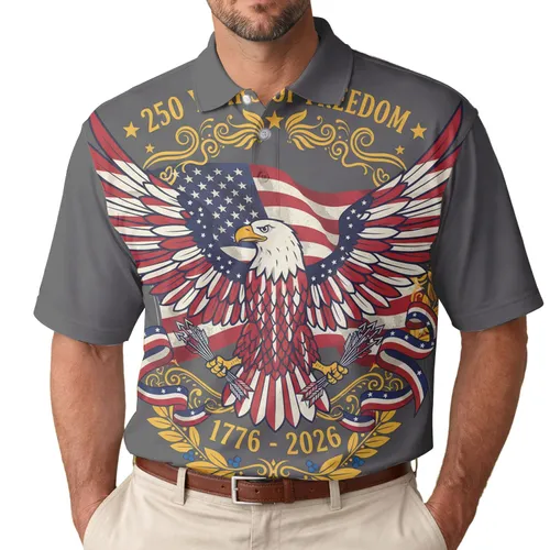 America 250th Freedom: Bald Eagle Flag 1776-2026 Polo Patriotic Design Men's Polo Shirt (Lightweight)