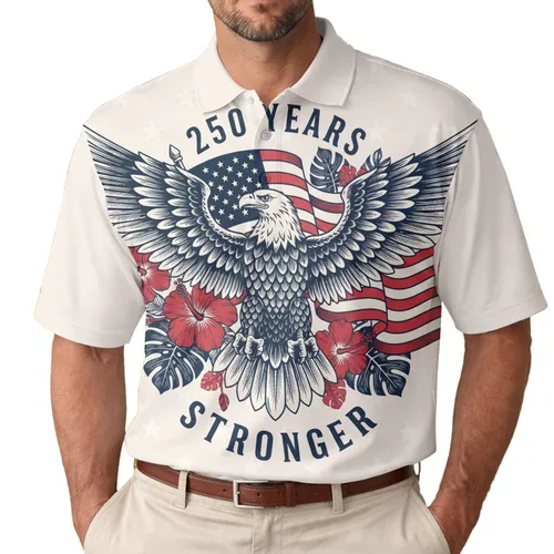 Patriotic America 250th Eagle Flag: Vintage Tropical Engraving '250 YEARS STRONGER' Men's Polo Shirt (Lightweight)