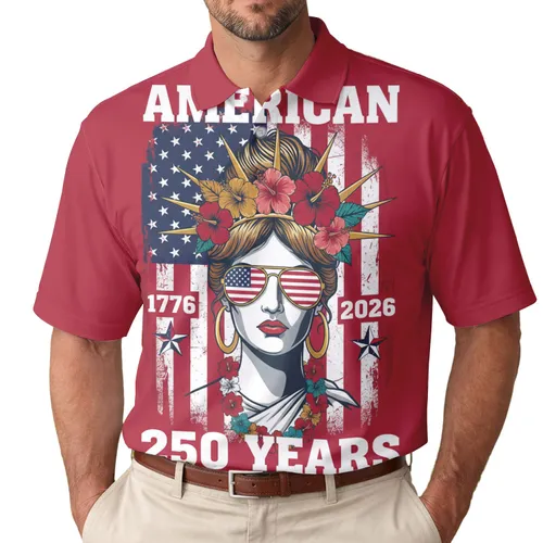 Lady Liberty 250th Anniversary: Messy Bun Sunglasses American Flag '1776-2026' Tropical Men's Polo Shirt (Lightweight)