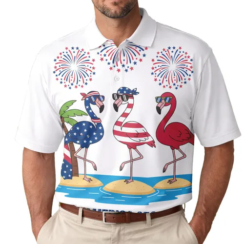 USA 250th Anniversary Patriotic Polo Flamingos Stars Stripes Surfboard Fireworks Men's Polo Shirt (Lightweight)