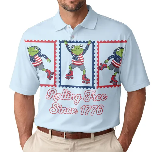 USA 250th Anniversary Roller Skating Frogs: Flag Sweater Stamp Borders 1776 Text Men's Polo Shirt (Lightweight)