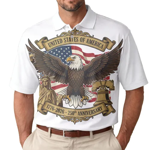 America 250th Anniversary Eagle Flag Statue Liberty Bell Design Men's Polo Shirt (Lightweight)