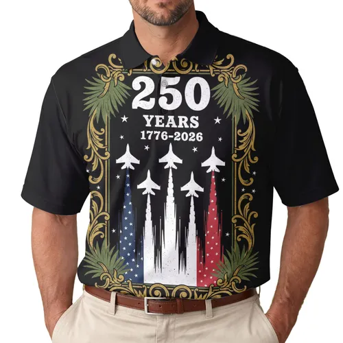 America 250th Anniversary Fighter Jet Flag Contrails 1776-2026 Tropical Patriotic Scroll Men's Polo Shirt (Lightweight)
