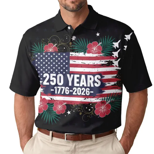 USA 250th Anniversary Distressed Flag Fighter Jets Tropical Semiquincentennial Men's Polo Shirt (Lightweight)