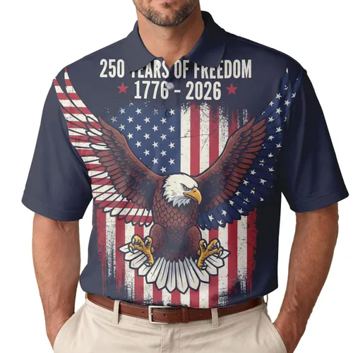America 250th Anniversary Eagle Flag Feathers 1776-2026 Distressed Freedom Men's Polo Shirt (Lightweight)