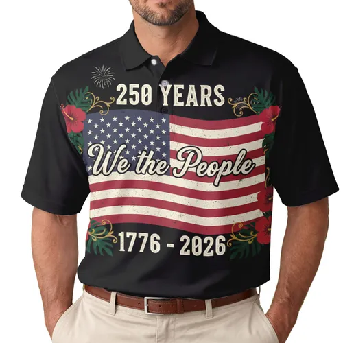 America 250th Anniversary Distressed Flag 'We the People' Tropical Hibiscus 1776-2026 Men's Polo Shirt (Lightweight)