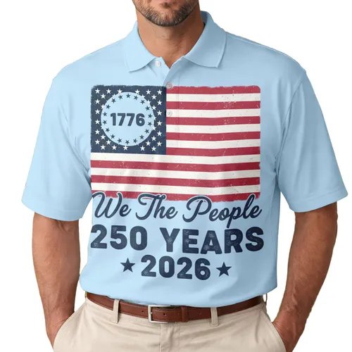 America 250th Celebration Distressed Flag 1776 We The People Navy Stars Sky Blue Men's Polo Shirt (Lightweight)