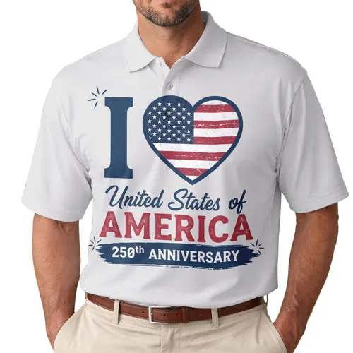 America 250th Anniversary 'I Heart America' Flag Distressed Navy Red White Celebration Men's Polo Shirt (Lightweight)