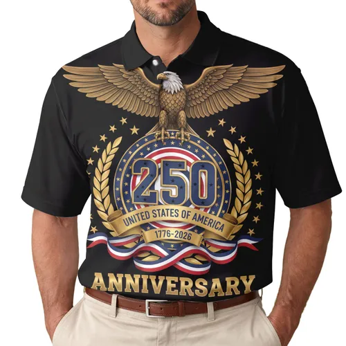 America's 250th Birthday Eagle Emblem: Patriotic Polo 1776-2026 Gold Crimson Navy Wreath Men's Polo Shirt (Lightweight)