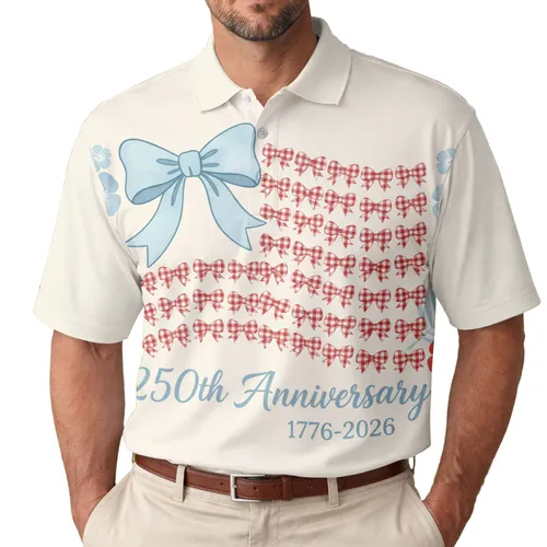 America 250th Anniversary Polo Flag Bows 1776-2026 Gingham Cream Watercolor Men's Polo Shirt (Lightweight)