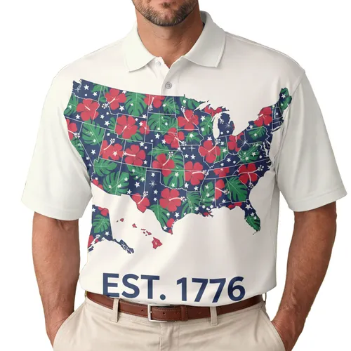 America 250th Anniversary Patriotic Polo Map Silhouette Tropical Flowers EST. 1776 Men's Polo Shirt (Lightweight)