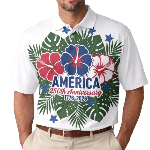 America 250th Anniversary Patriotic Tropical Flowers 1776-2026 Red White Blue Men's Polo Shirt (Lightweight)