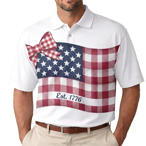 America 250th Anniversary Patriotic Flag Quilted Gingham Bow Design Est. 1776 Men's Polo Shirt (Lightweight)