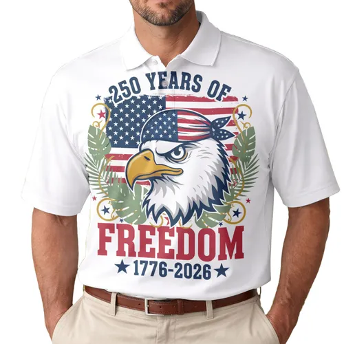 USA 250th Semiquincentennial: Bald Eagle Bandana, Distressed Flag, Tropical Foliage Men's Polo Shirt (Lightweight)