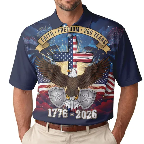 USA 250th Anniversary Faith Freedom Cross Flag Bald Eagle Polo Patriotic 1776-2026 Men's Polo Shirt (Lightweight)