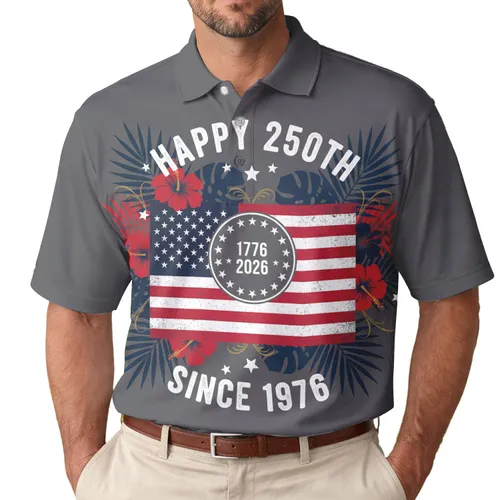 USA 250th Birthday Distressed Flag Crimson Red Navy Blue 1776 2026 Stars Foliage Men's Polo Shirt (Lightweight)