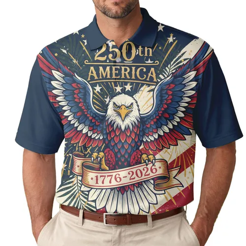 USA 250th Bald Eagle Outstretched Wings 1776 American Flag Gold Blue Red Heritage Men's Polo Shirt (Lightweight)