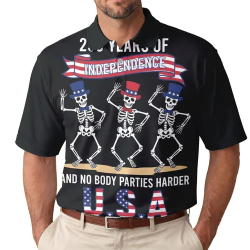 America 250th Independence: Patriotic Skeletons Dancing Red Blue Top Hat Polo Men's Polo Shirt (Lightweight)