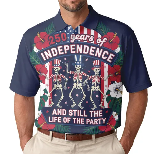 USA 250th Birthday Skeletons: Independence Celebration Polo Hibiscus Banner Men's Polo Shirt (Lightweight)