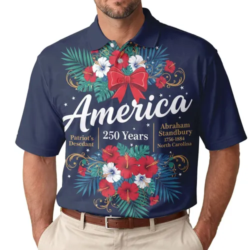 America 250th Birthday Patriotic Polo: Navy Blue Red White Gold Hibiscus Star Design Men's Polo Shirt (Lightweight)