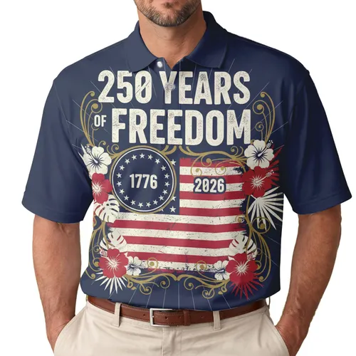 America 250th Birthday Freedom Flag 1776-2026 Polo Hibiscus Palm Star Men's Polo Shirt (Lightweight)