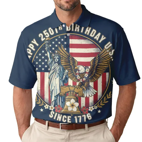 Patriotic USA 250th Birthday Lady Liberty Eagle Bell Flag Commemorative Emblem Men's Polo Shirt (Lightweight)