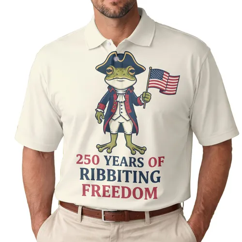 America 250th Frog: Colonial Tricorn Hat Flag & "Ribbiting Freedom" Graphic Men's Polo Shirt (Lightweight)