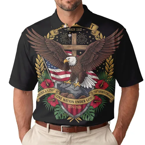 America's 250th Anniversary Bald Eagle Cross Flag Polo 'One Nation Under God' Men's Polo Shirt (Lightweight)