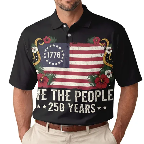 USA 250th Anniversary Distressed Flag WE THE PEOPLE 1776 Polo Hibiscus Scroll Men's Polo Shirt (Lightweight)