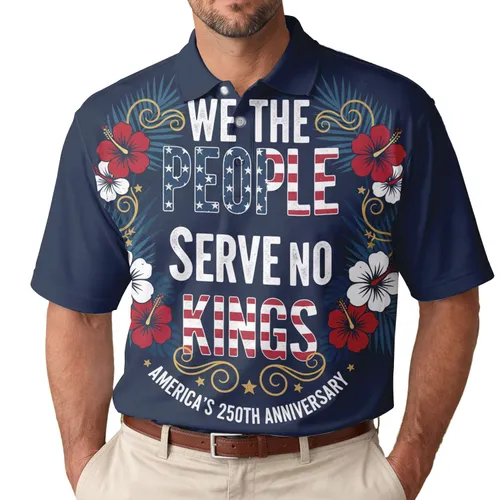America 250th We The People Serve No Kings Flag Hibiscus Star Navy Gold Design Men's Polo Shirt (Lightweight)