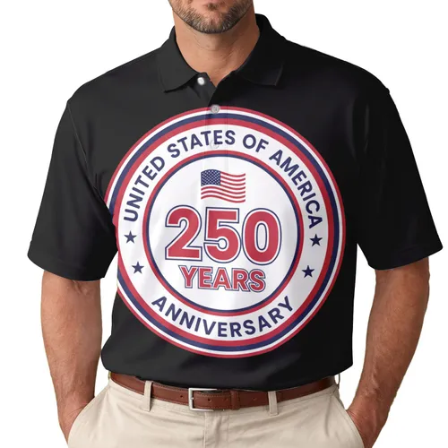 America 250th Anniversary Patriotic Circular Emblem | Waving Flag Red White Blue Black Men's Polo Shirt (Lightweight)