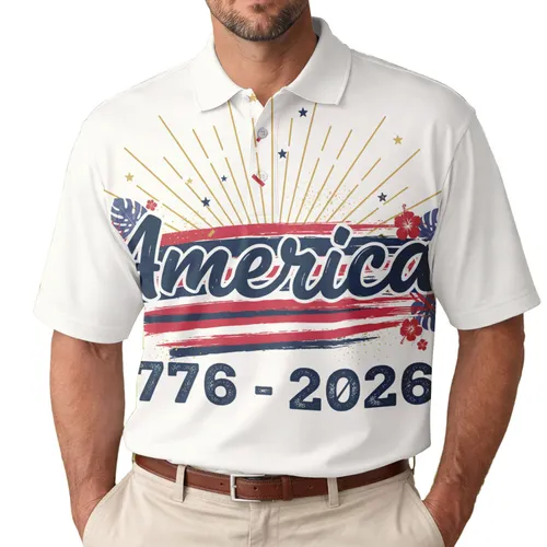 America 250th Anniversary: Polo Script, Navy Crimson Gold Sunburst 1776-2026 Men's Polo Shirt (Lightweight)